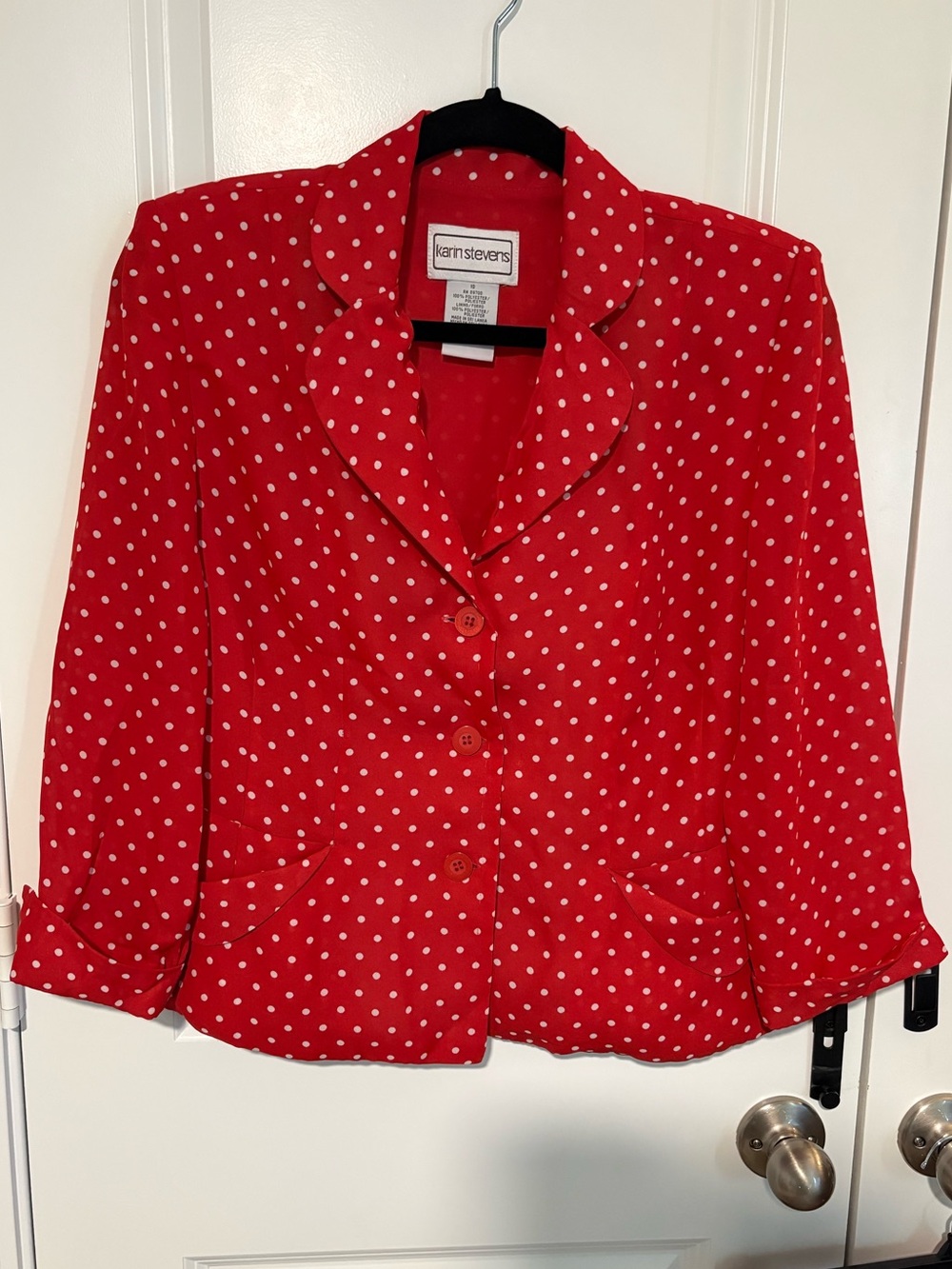 Karin Stevens Red White Polka Dot Blazer & Ruffle Hem Skirt Suit Set